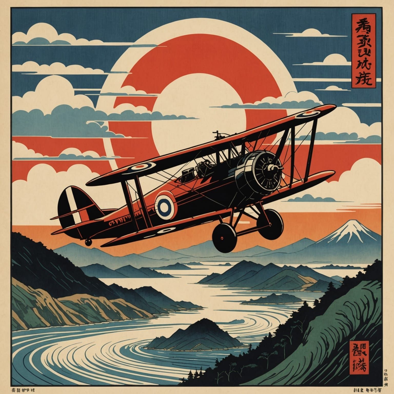 Ukiyo-e Style Sopwith Camel Biplane and Red Sun