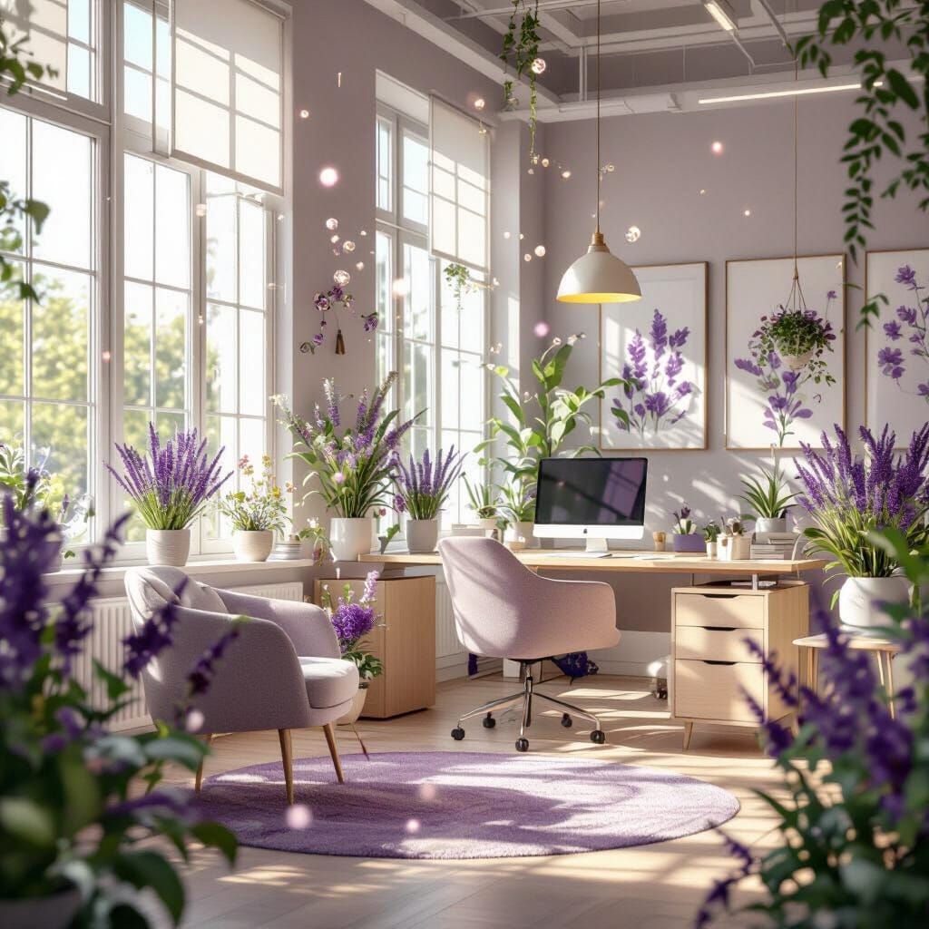 Lavender-Inspired Office with Natural Wood and Floral Motifs