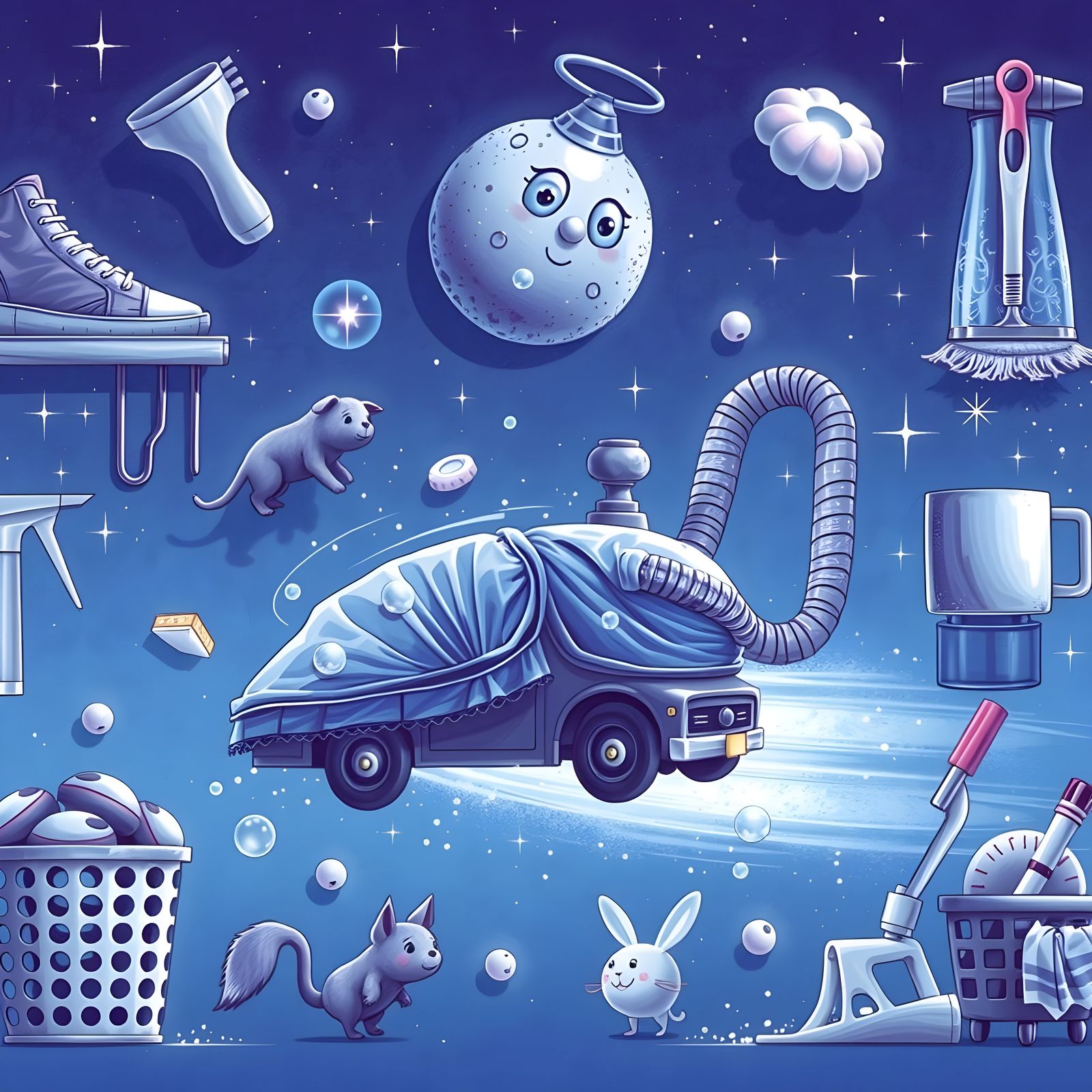 Whimsical Chore Dancer in Vibrant Blue Hues