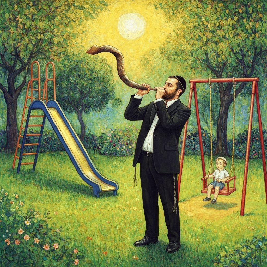 Man Blowing Shofar in Park: Whimsical Art Style