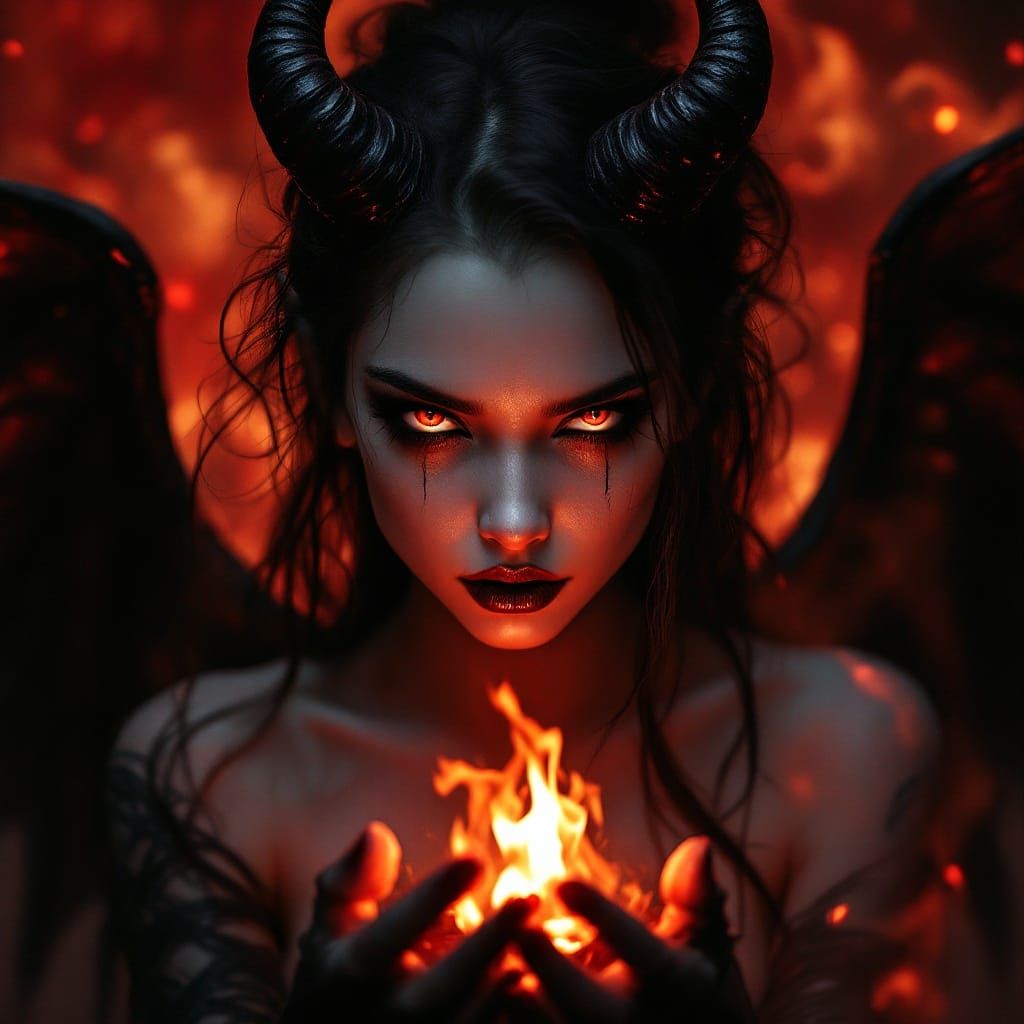 Dark Gothic Goddess with Twisted Horns and Iron Wings
