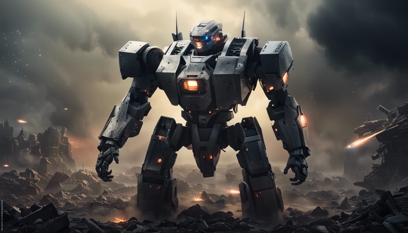 Photorealistic Mech Warrior in Desolate Battlefield