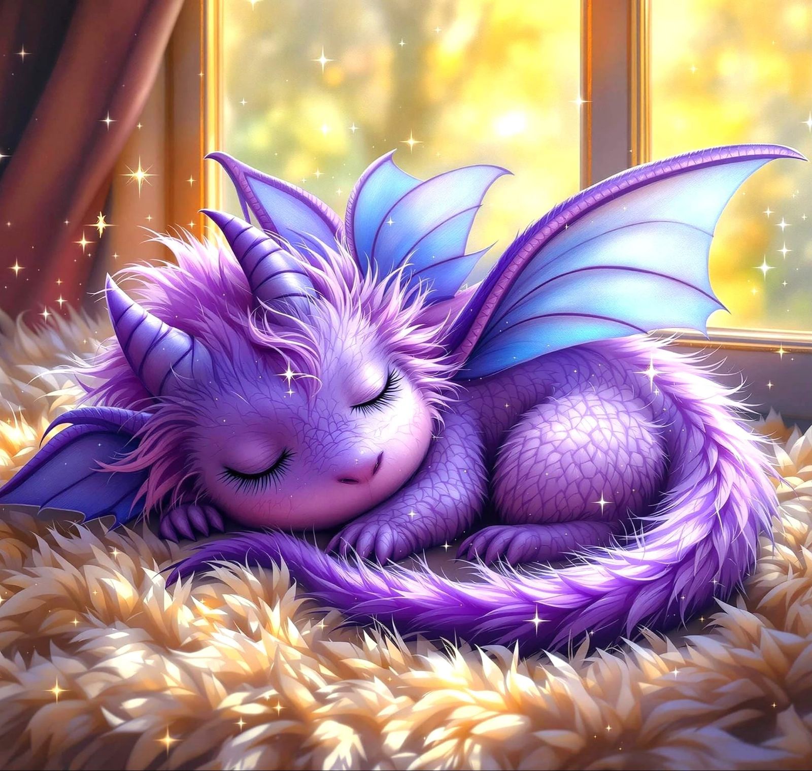Whimsical Baby Dragon Slumbers in Gilded Window