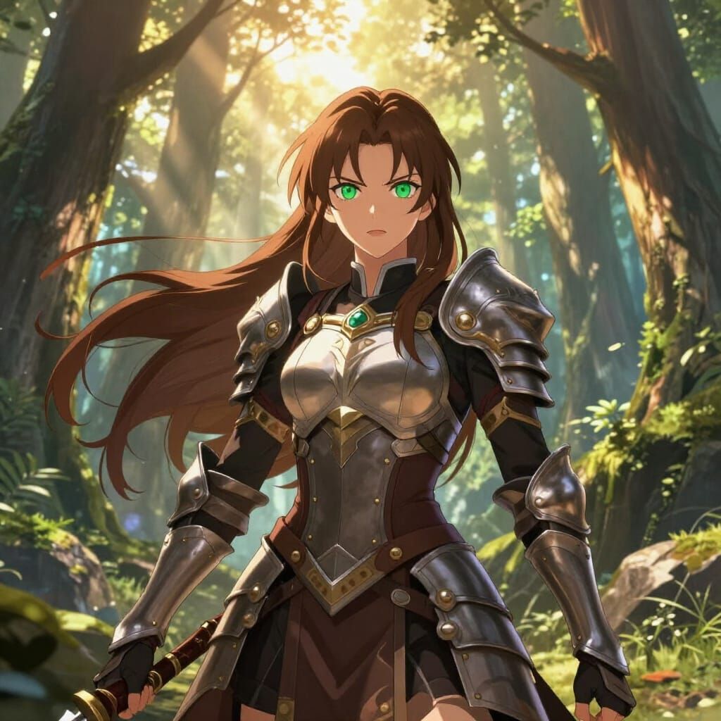 Fierce Warrior Woman in Epic Fantasy Forest Anime Style