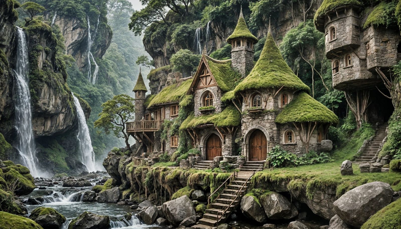 Elven Cliffside Home by Waterfall: Architectural Photography