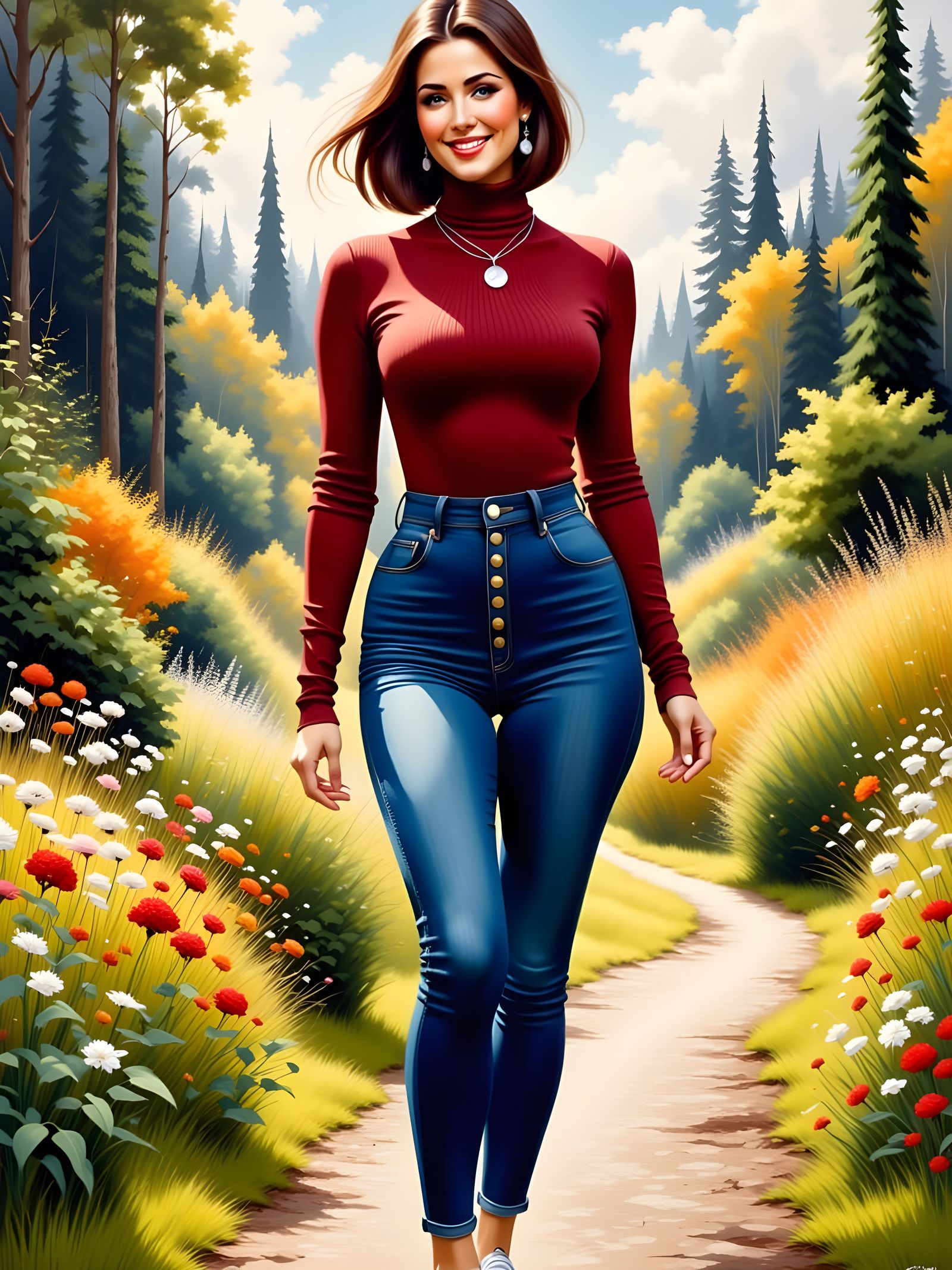 Curvy Woman in English Landscape, Alphonse Mucha Style