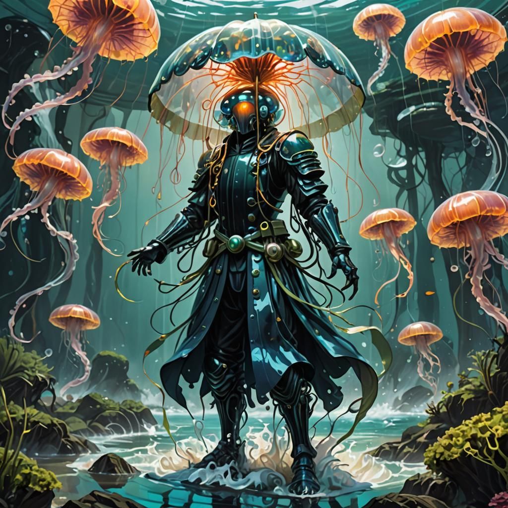 Bioluminescent Jellyfish Warrior in Biomechanical Style