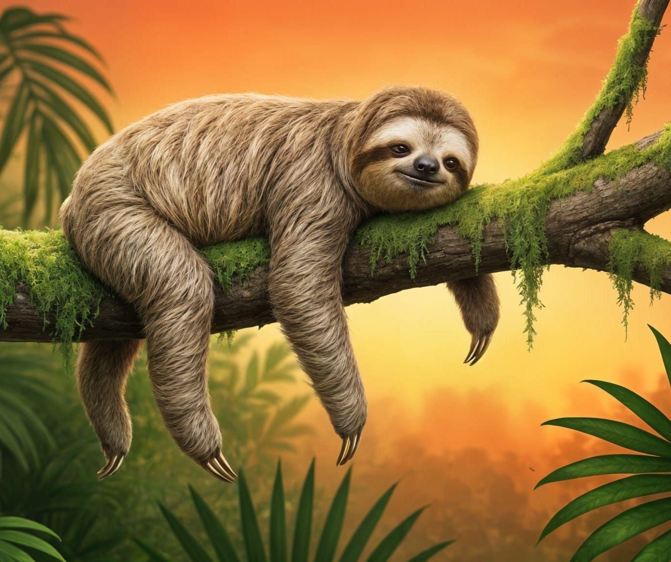 Adorable Sloth Sleeps on Mossy Branch at Sunset