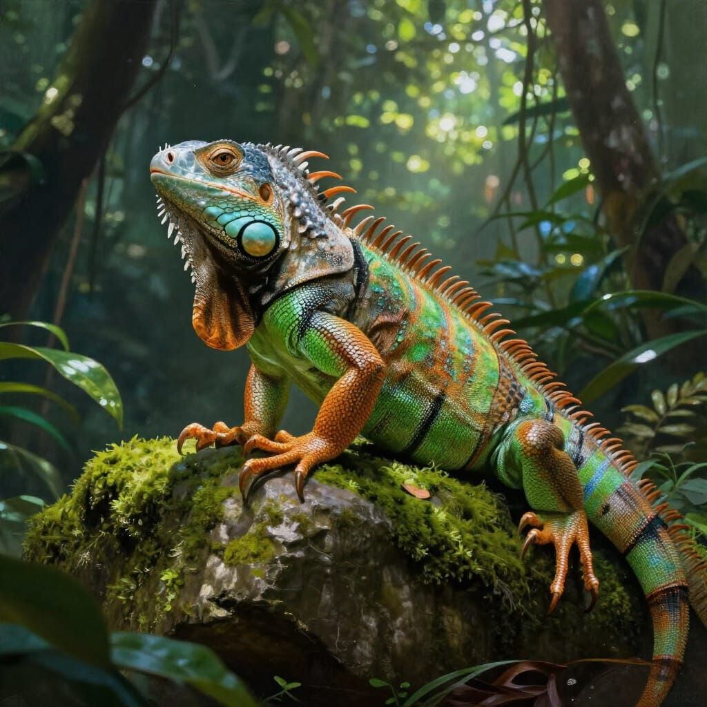 Noble Iguana Perched on Ancient Stone in Dappled Sunlight