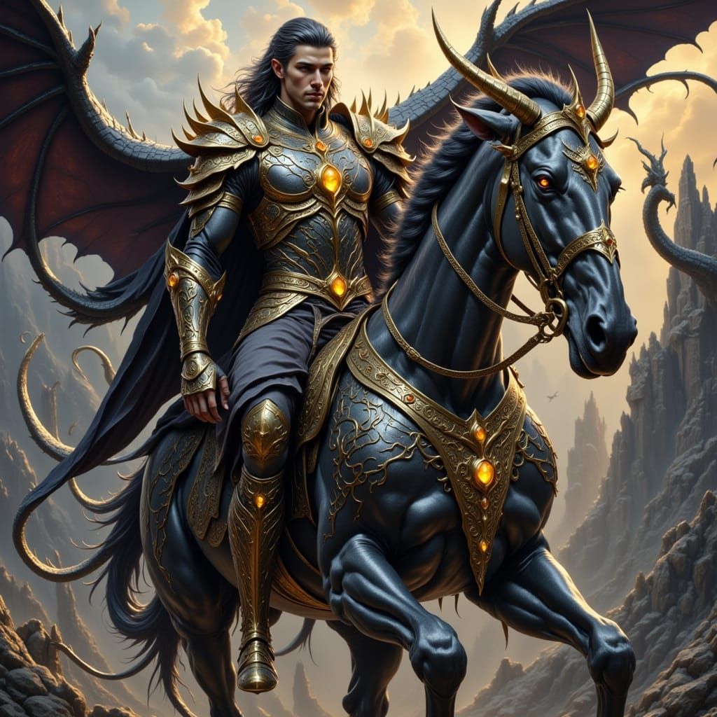 Regal Fantasy Warrior Rides Majestic Steed in Hyperrealistic...