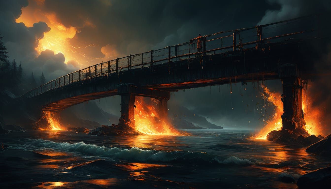 Epic Burning Bridge Collapse in Vibrant, Expressive Brushstr...
