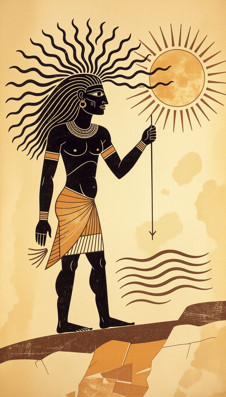 Ancient Cave Art of a Stylized Figure Under a Sun