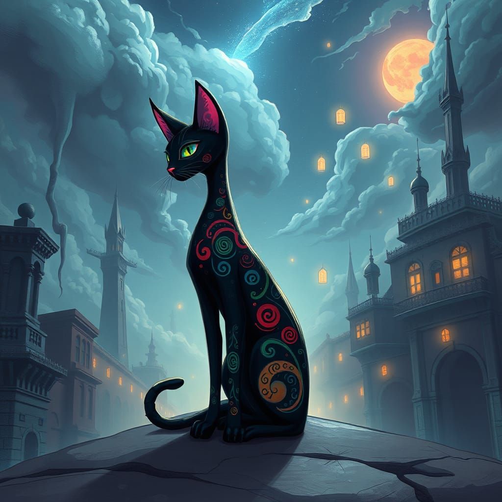 Surreal Black Cat with Mystical Designs as Digital Art