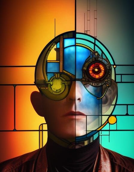 Cyberpunk Man Head in Bauhaus Steampunk Style