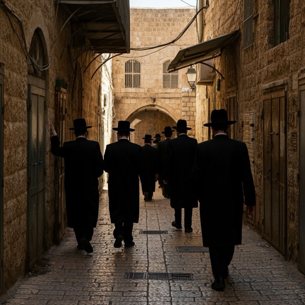 Ultra-Orthodox Men in Traditional Jerusalem Attire on Cobble...