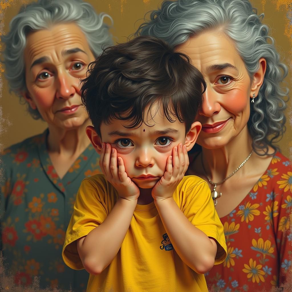 Child Hiding Face in Expressive Oil Painting