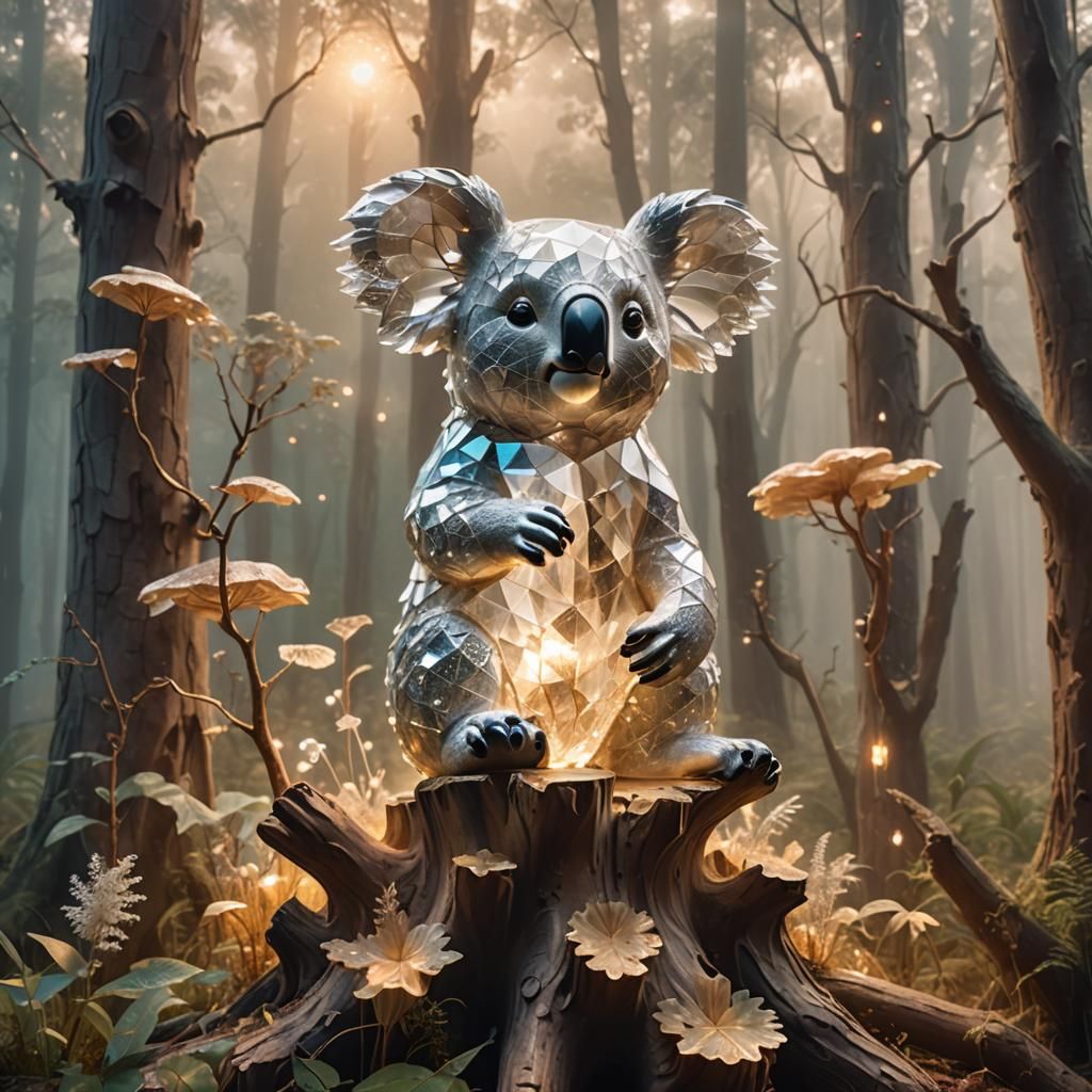 Crystal Koala in Ethereal Forest Landscape