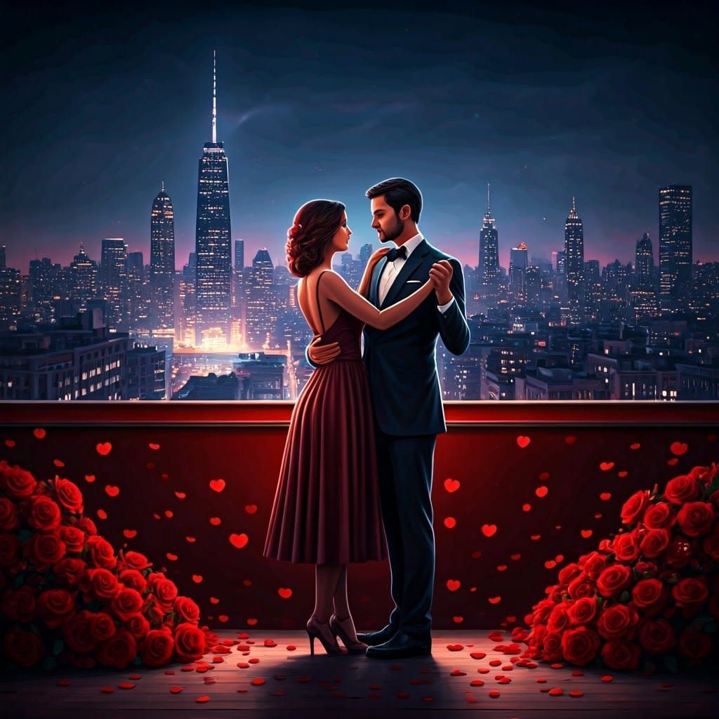 Romantic Couple Dancing Under Moonlight in Enchanted Citysca...