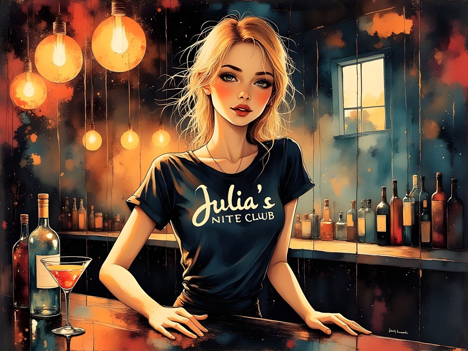 Surreal Nightclub Scene with a Platinum Blonde Bartender