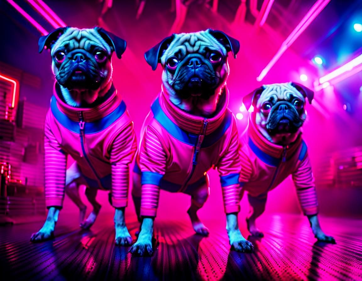 Cyberpunk Pugs Dancing in Neon Nightclub
