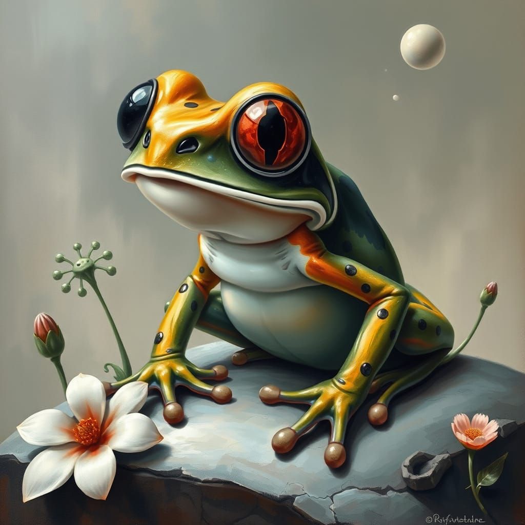 Surreal Whimsical Frog in Alien Jungle Landscape