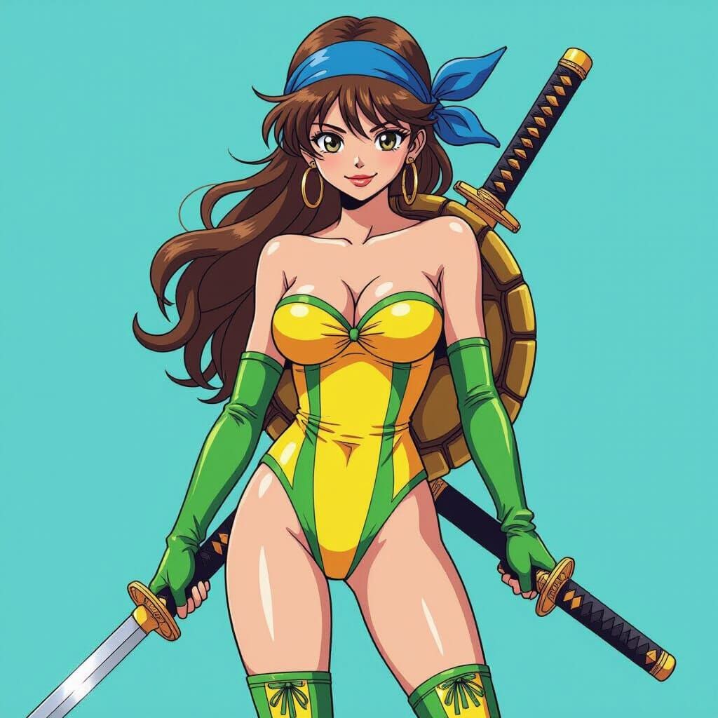 Anime Warrior Woman in Yellow Green Swimsuit with Katanas