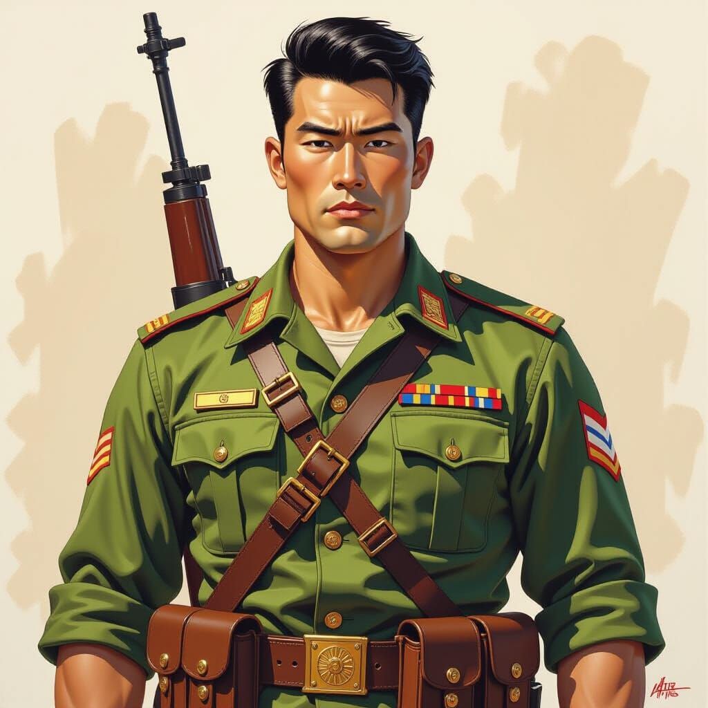 Gung Ho Chinese Soldier Gouache Painting