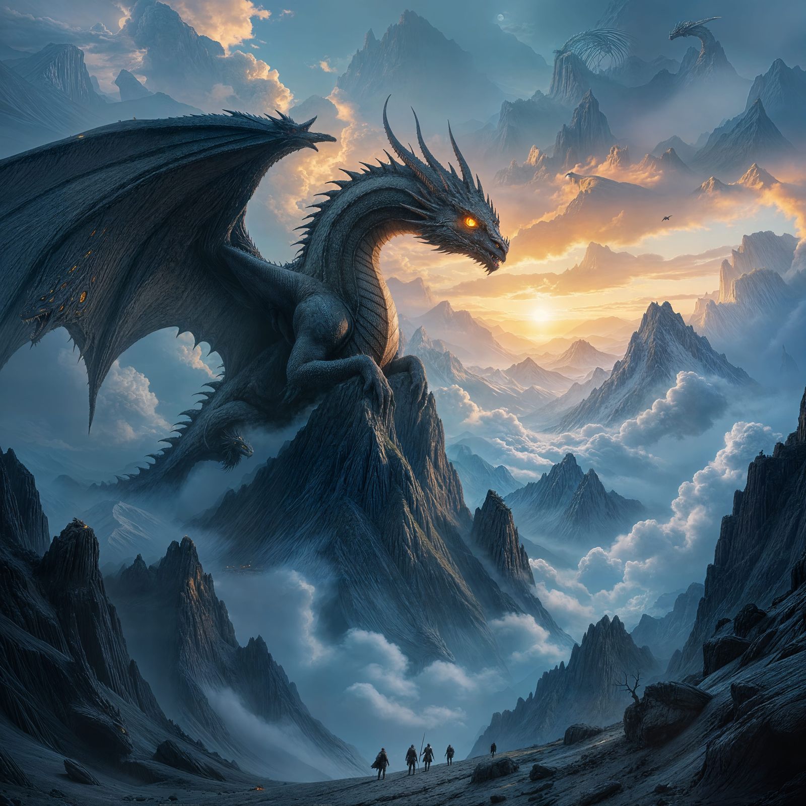 Ancient Obsidian Dragon on Mountain Peak
