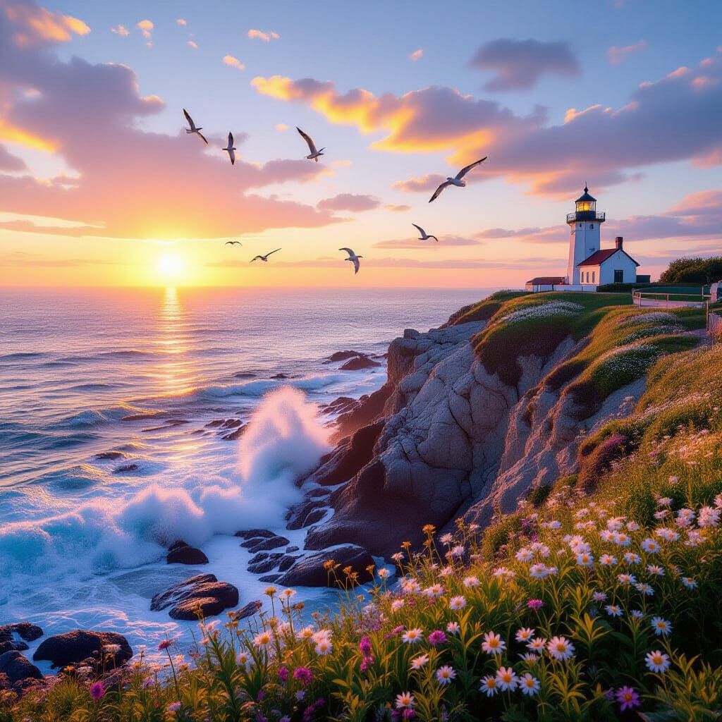 Serene Seaside Cliff at Sunrise with Lighthouse