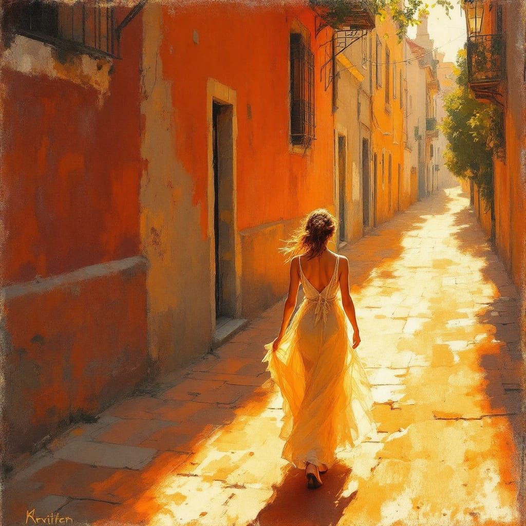 Sunlit Seville Street Scene in Zorn and Hooks Style