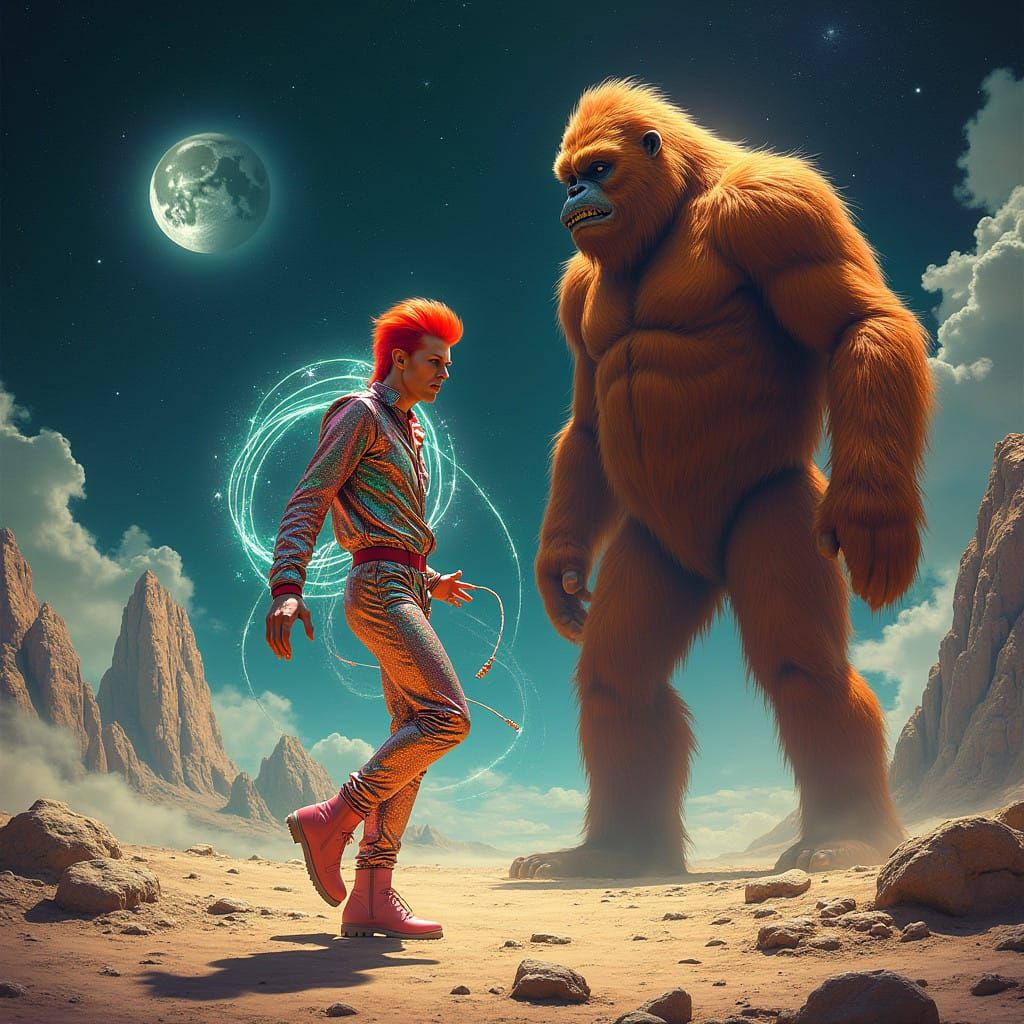 Cosmic David Bowie in Vibrant, Iridescent Jumpsuit