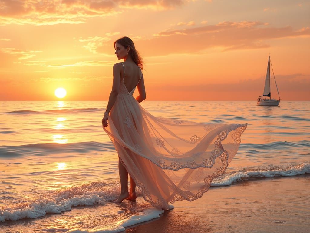 Woman in Flowing Gown on Shoreline at Sunset