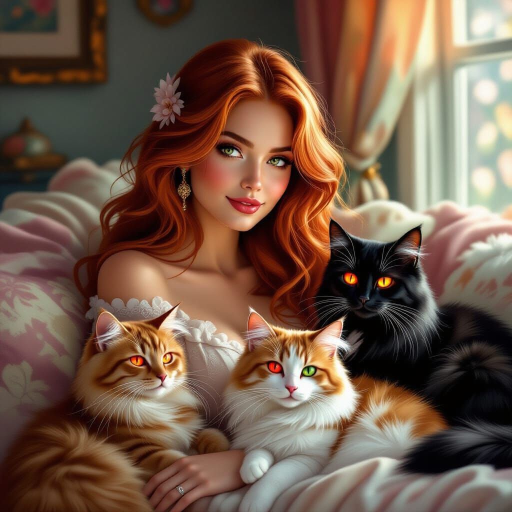 Redhead Woman With Glowing-Eyed Cats in Cozy Boudoir