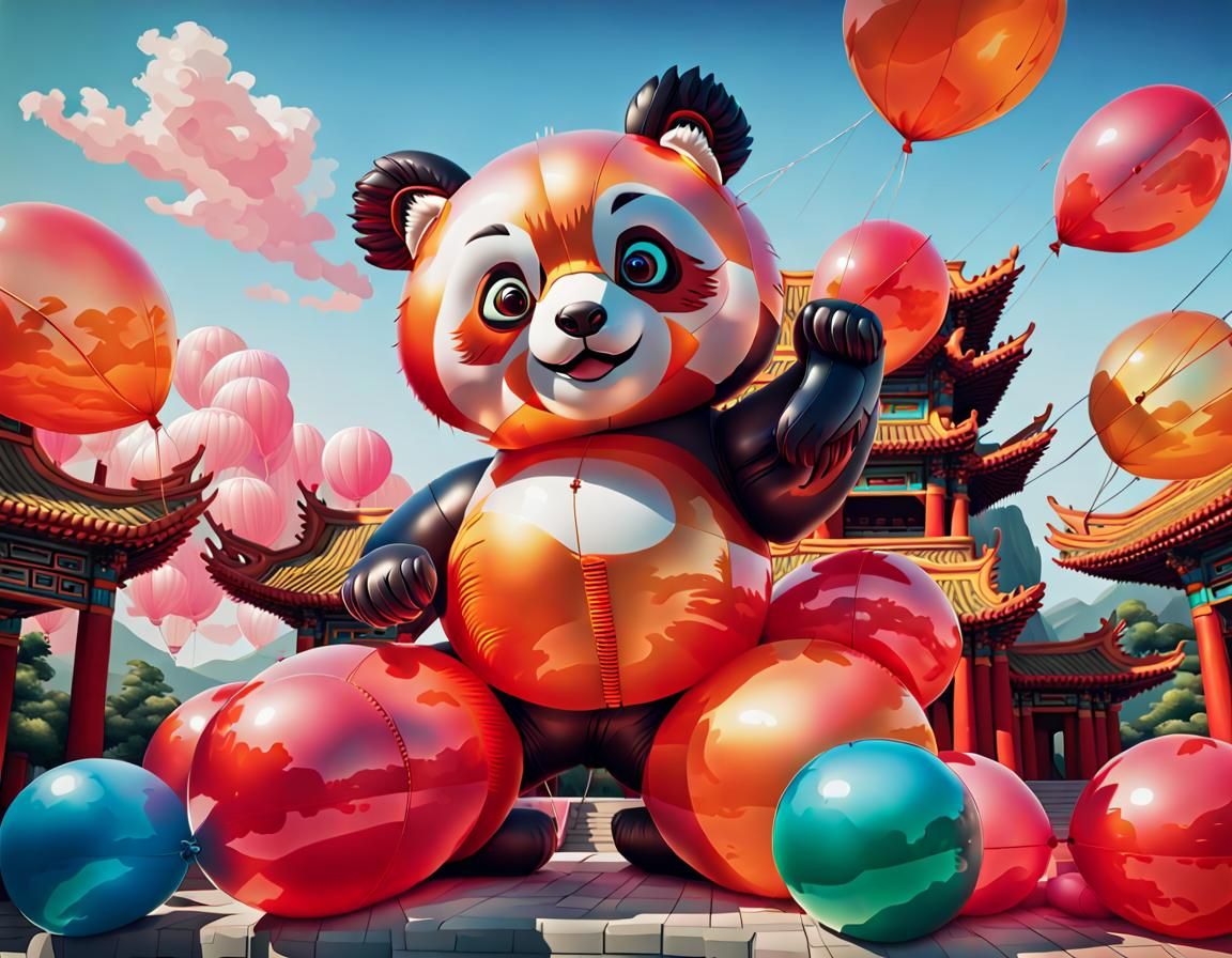 Balloon Red Panda at Chinese Temple, Expressionist Style