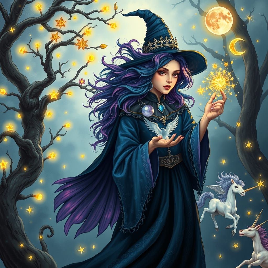 Enchanted Forest under Starry Night Sky with Glowing Firefli...