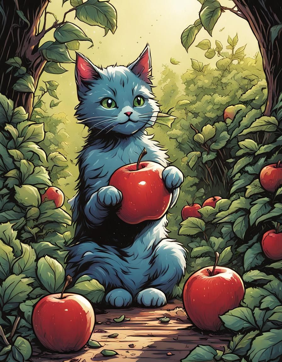 Cute Cat Plays With Apple in Garden