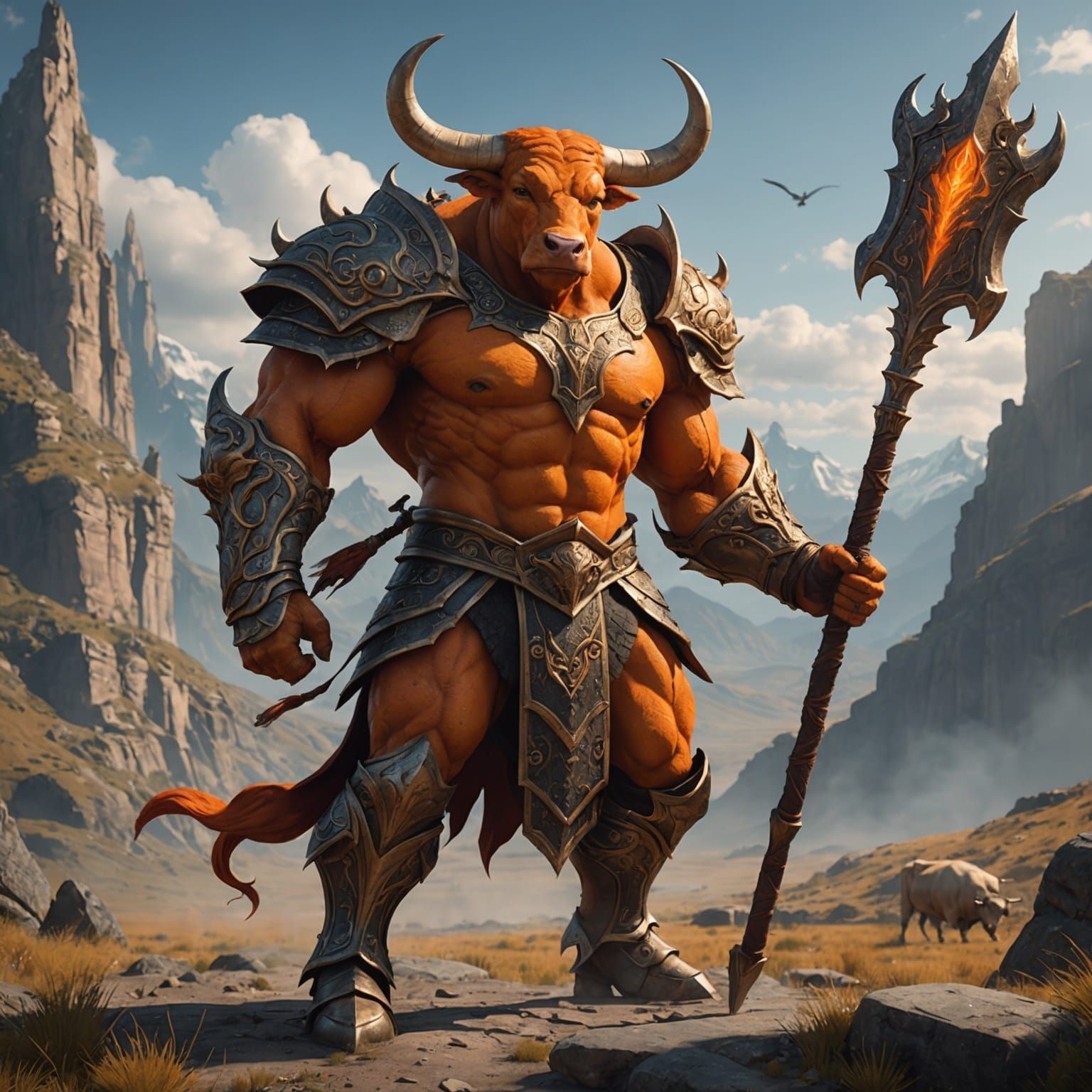 Orange Minotaur with Spear Fantasy Concept Art