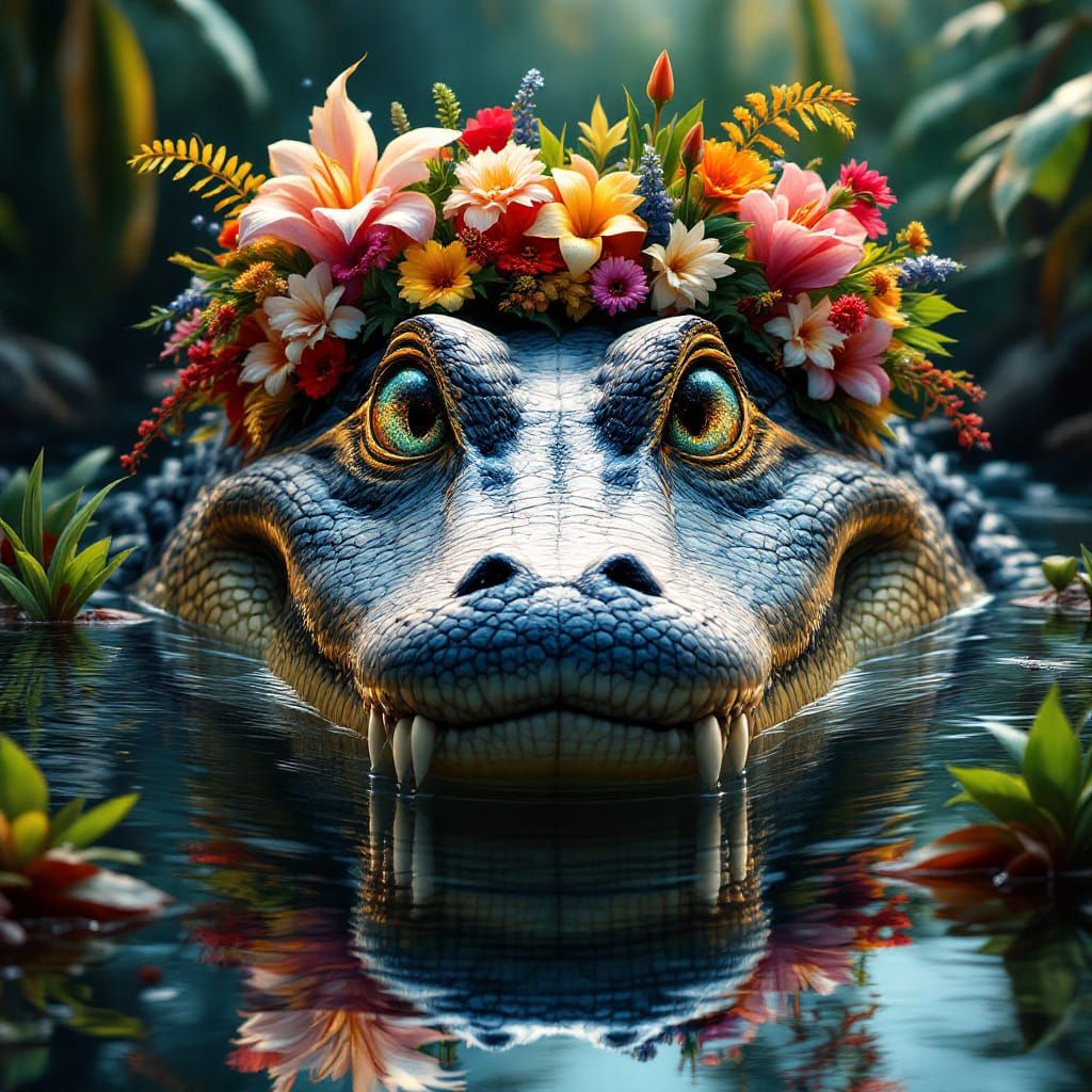 Majestic Alligator Crowned with Flowers in Jungle Water