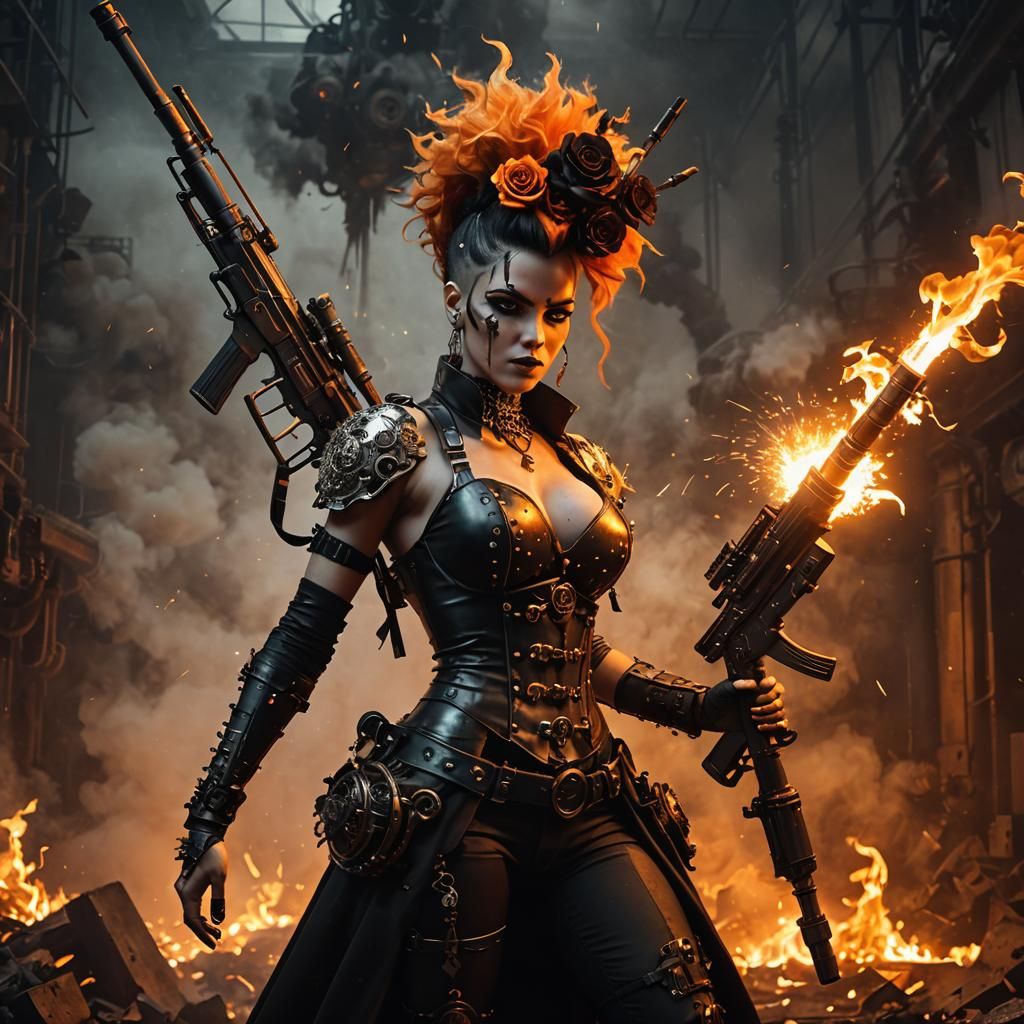 Steampunk Goddess Walks on Flames with Rifle