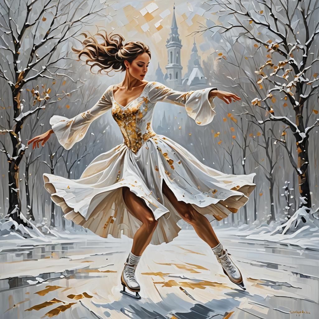 Graceful Skater in Winter Wonderland: An Impasto Oil Paintin...