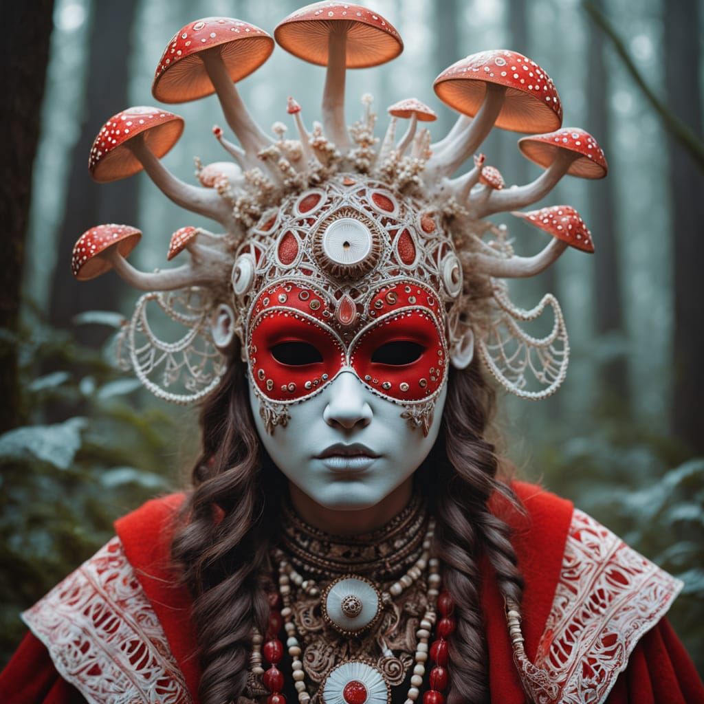 Mystical Shaman Adorns Glowing Amanita in Intricately Patter...