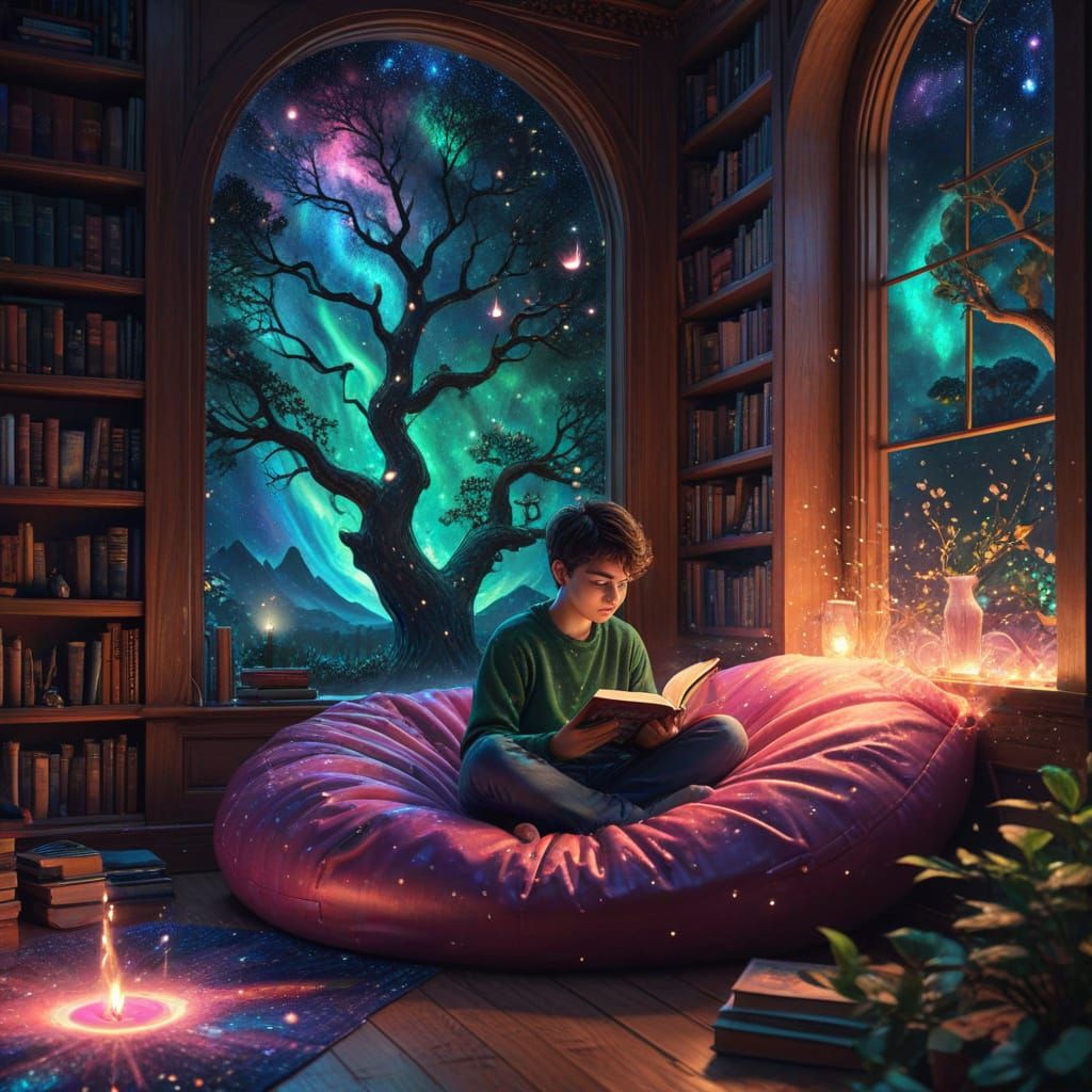 Boy Reading in Astral Style Library