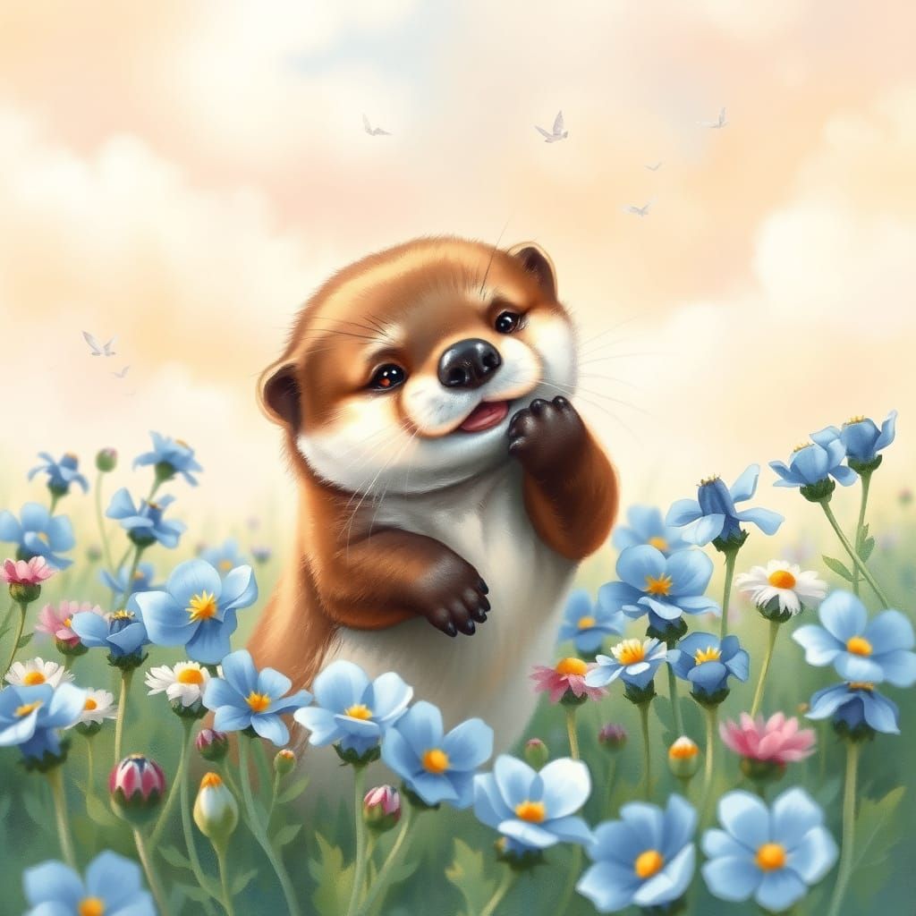 Playful Otter Pup in Bluebonnet Field Watercolor