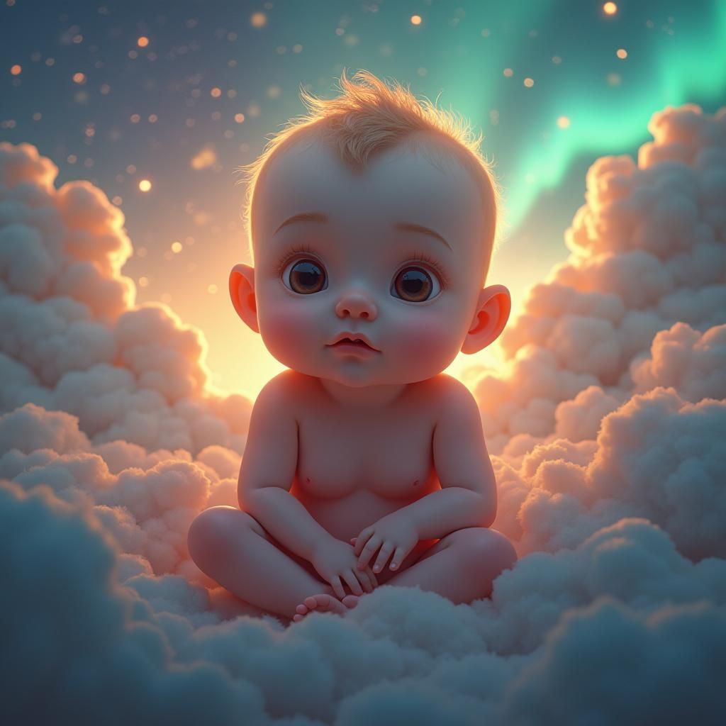 Cherubic Baby in Dreamlike Aurora Landscape