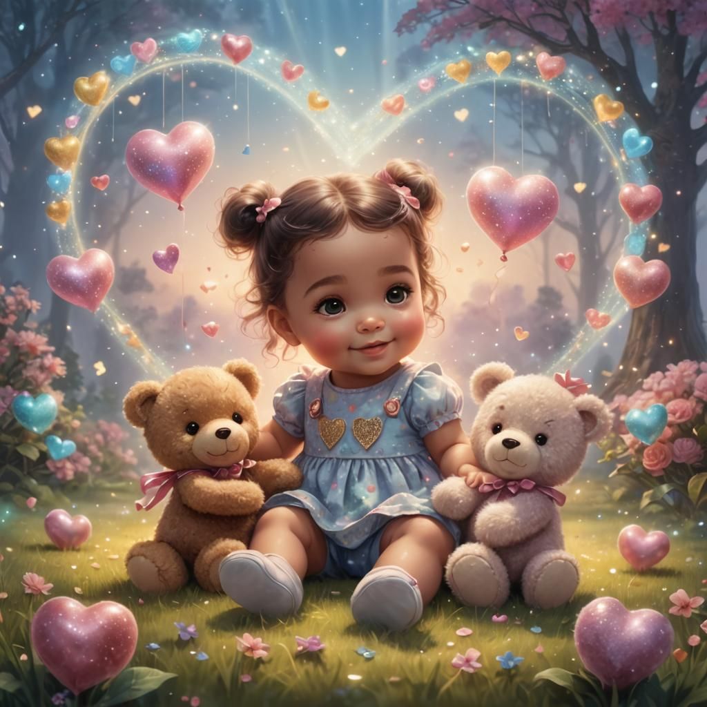 Baby Girl Playing with Teddy Bears: Cosmic Illustration