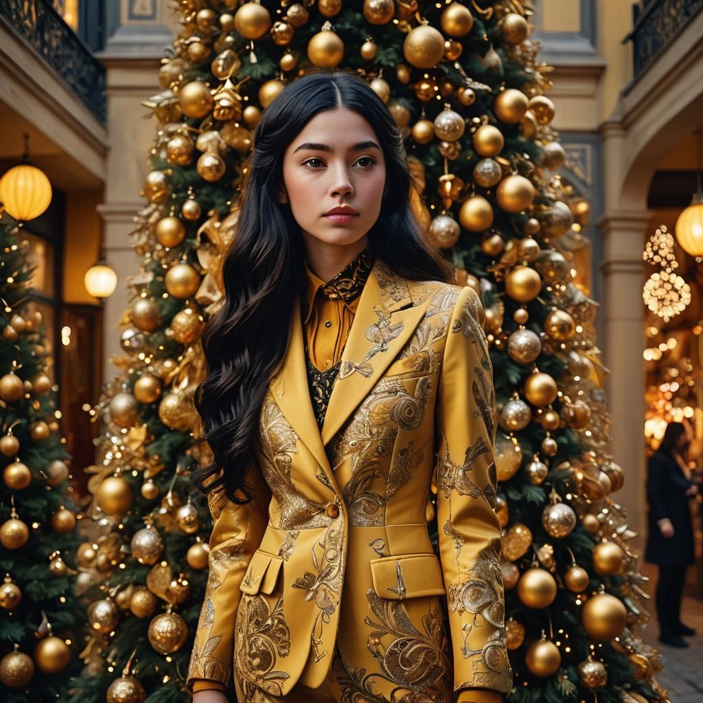 Art Nouveau Girl in Yellow Suit at Christmas
