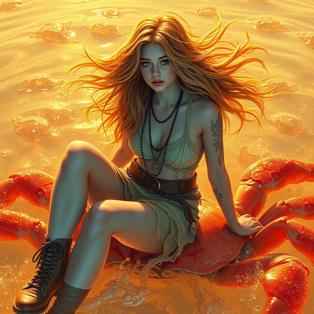 Woman on Gummy Crab in Effervescent Soda Sea