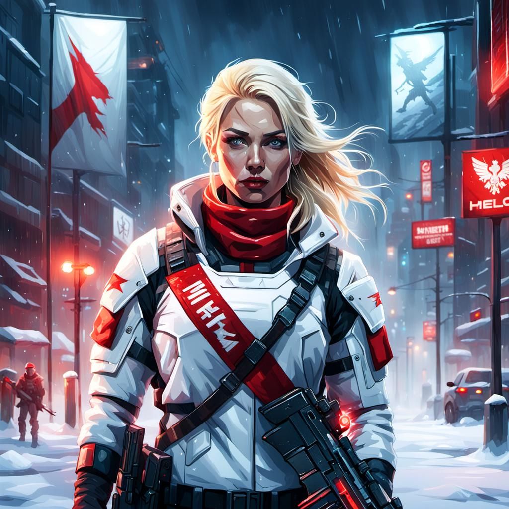 Female Mercenary in Snowy City, Vaporwave Aesthetic