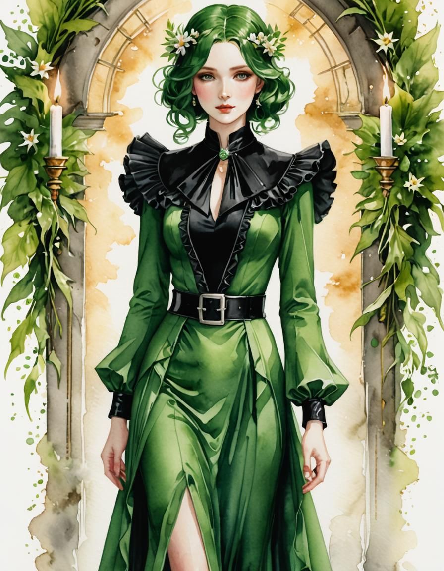 1930s Green Dress at Imbolc in Watercolor Style
