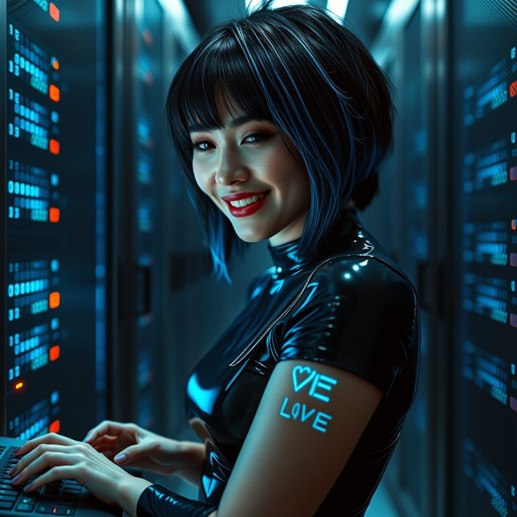 Hyper-Realistic Hacker Femme Fatale in Neon-Lit Server Room